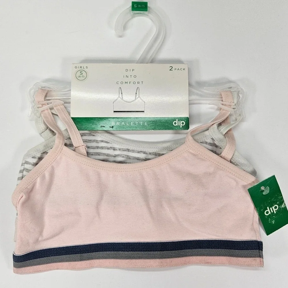 Girls 2 Pack‎ Dip Into Comfort Bralettes Size 6-7 Pink Striped Cotton Adjustable